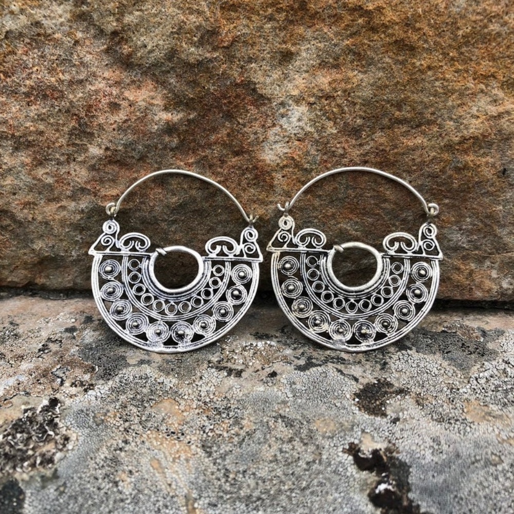 Brand New Tribal Silver Hoop Earrings